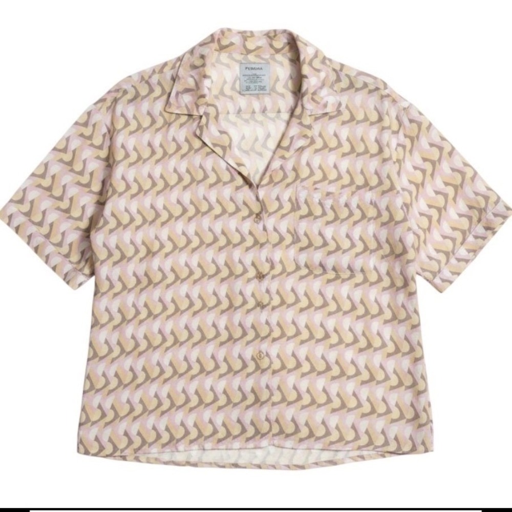 Prana Button Up Shirt Women Medium Pink Tan Oversized Retro Geometric Tencel NEW